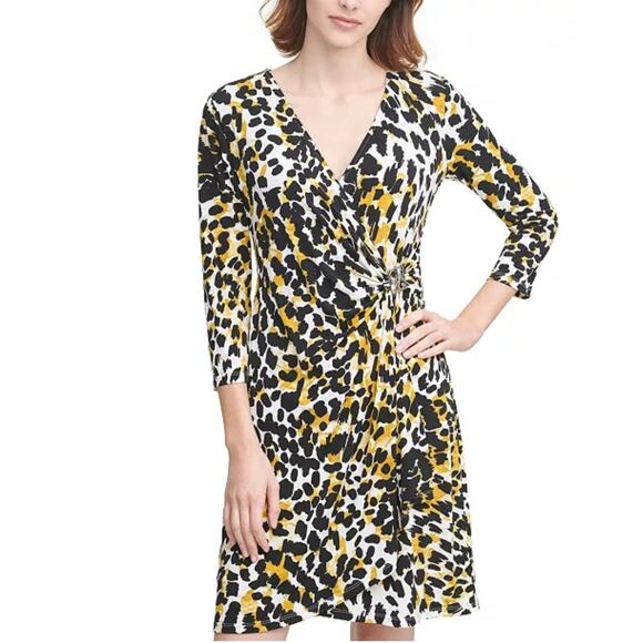 Calvin Klein Animal Print Faux Wrap Dress Back Yellow Cocktail Party Women's M - Picture 1 of 9